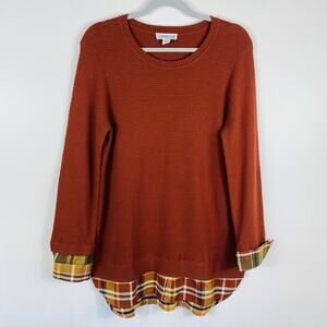 Coldwater Creek Sweater Petite Medium Glimpse Of Plaid Layered Look Cotton Blend